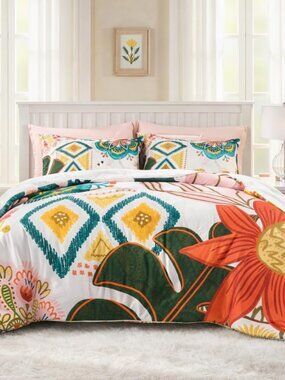 Boho Floral Queen Comforter Set - 3 Piece Farmhouse Botanical Bedding Comforter